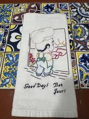 Vintage Embroidered Chef Kitchen Tea Towel - White with Multicolor Stitching